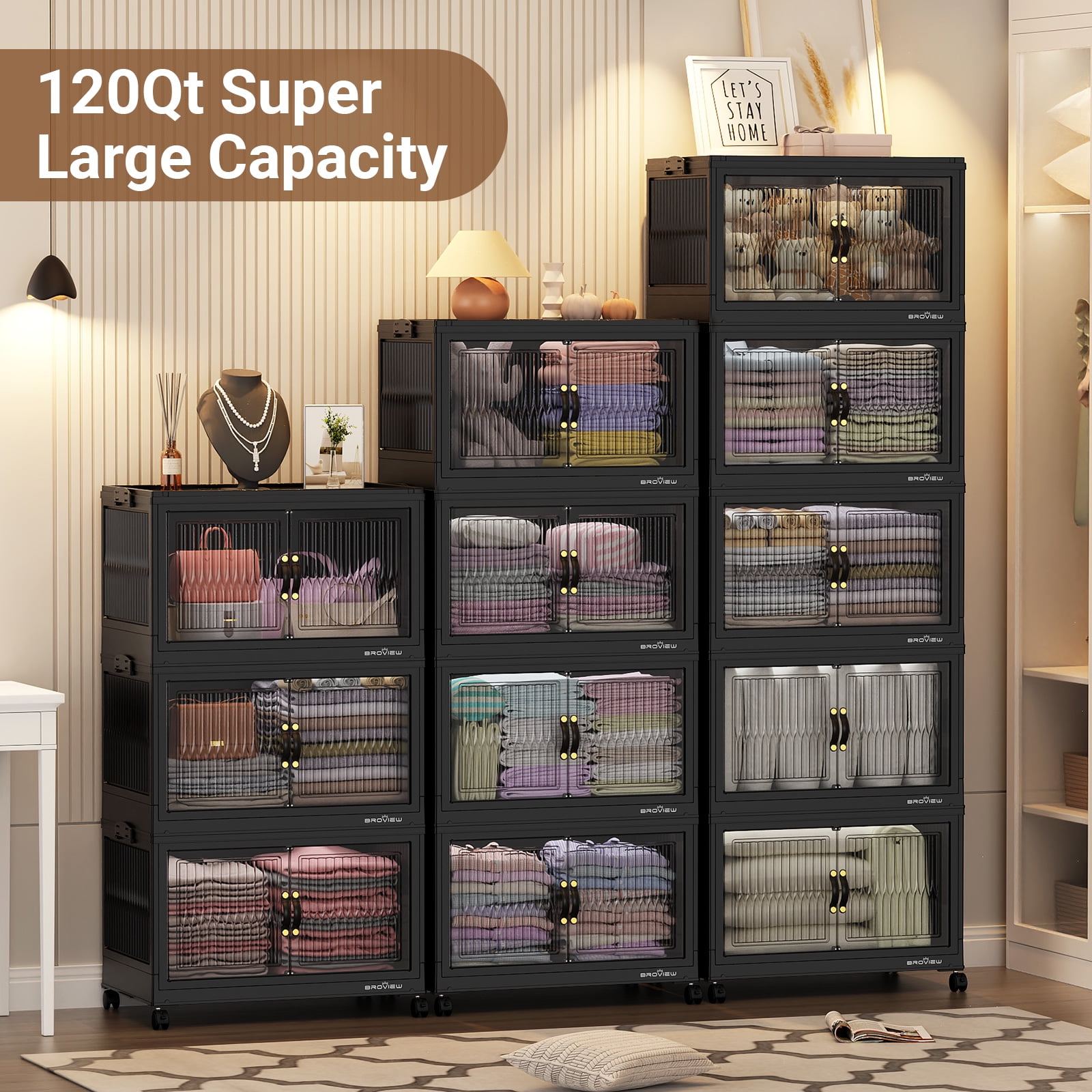 Broview 180Gal Large Stackable Storage Bins with Lid & Doors, 720QT Folding Closet Organizers with 8x Wheels, Plastic Containers With Drawers, Collapsible Cabinets Boxes for Home, 6Pack Black, V8