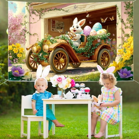 Easter Celebration Backdrop – Vibrant Printed Vinyl Scene Setter with Rabbit and Egg Motifs Versatile Party Decoration for Photo Booth and Holiday Festivities Reusable Spring Decor