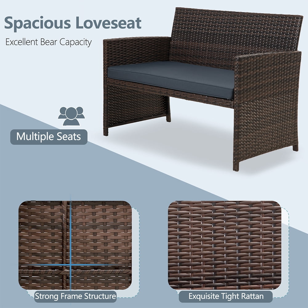 Kadyn 4 Pieces Outdoor Wicker Furniture Sets, Patio Conversation Sets with Soft Cushions Loveseat, 2 Soft Cushions Single Chairs and Coffee Table, PE Rattan Conversation Set for Courtyard, Navy Blue Kadyn 4 Pieces Outdoor Wicker Furniture Sets, Patio Conversation Sets with Soft Cushions Loveseat, 2 Soft Cushions Single Chairs and Coffee Table, PE Rattan Conversation Set for Courtyard, Navy Blue