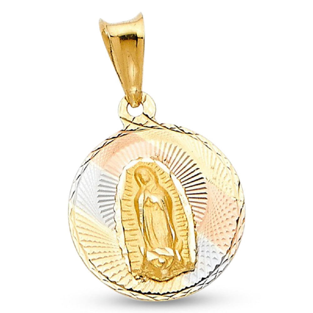 14k Yellow White Rose Gold Round Lady Guadalupe Pendant Virign Mary Charm Style 