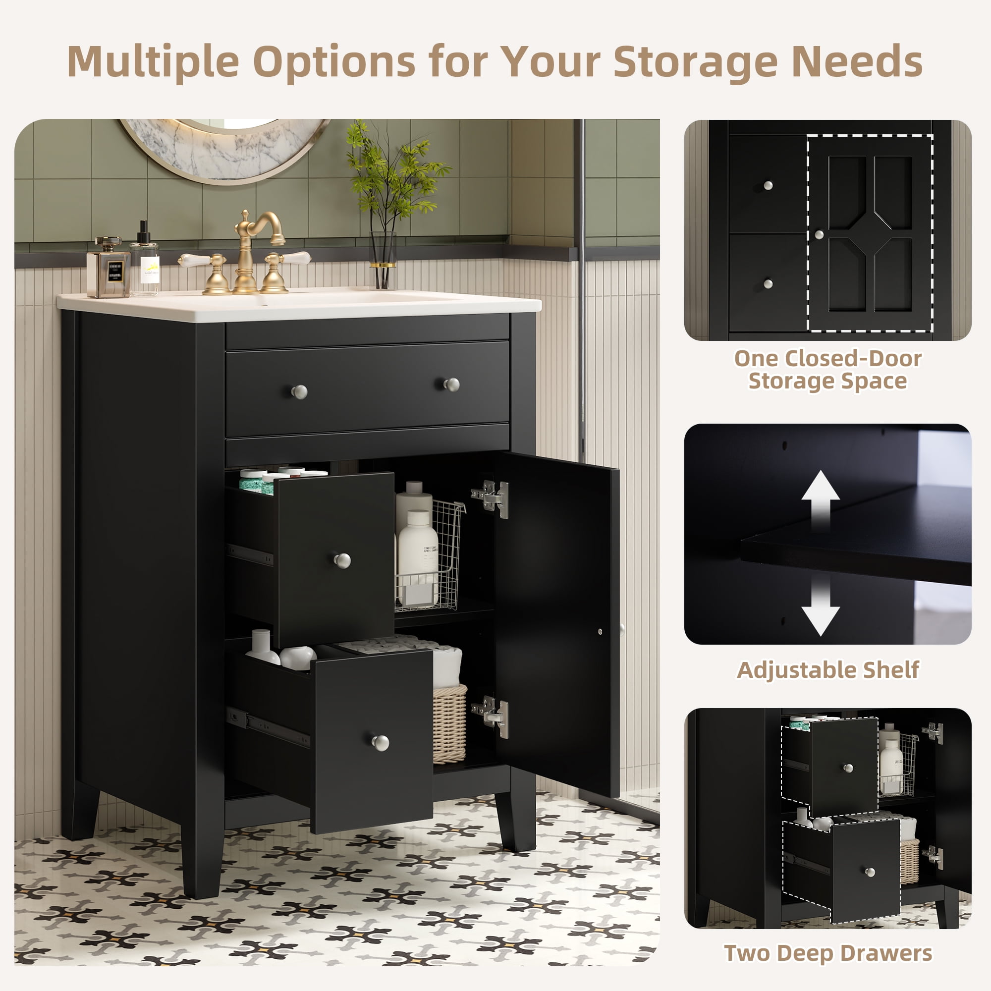 Harper & Bright Designs 24" Small Bathroom Vanity Set, Modern Bathroom Cabinet Freestanding with Drawers, Single Sink Bathroom Vanity, Black