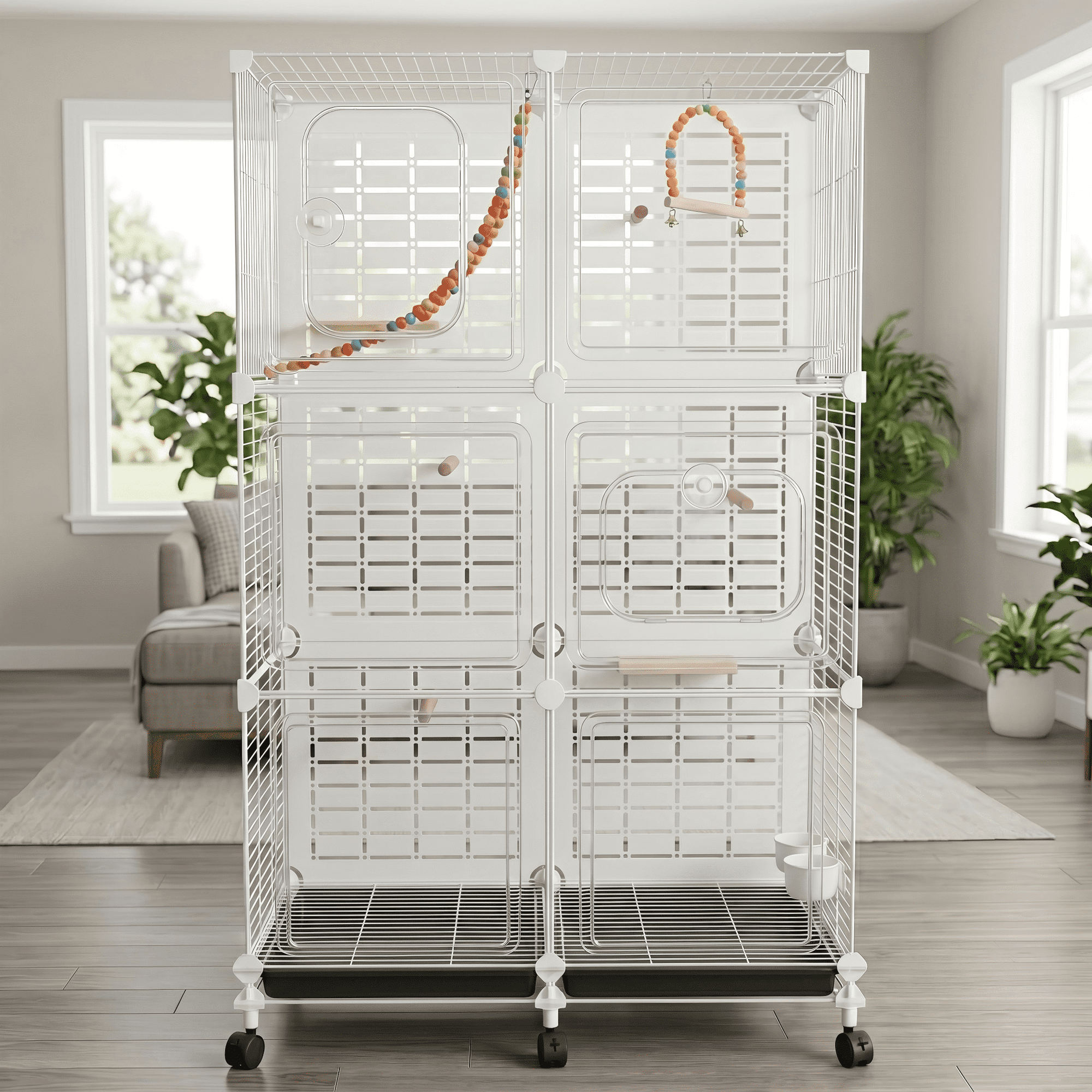 Aqwiopr 45.6" Large Bird Cage with Wheels, Modern Detachable Birdcage with Crystal-Clear View Acrylic Panels, Rolling Flight Cage with Perches & Feeders for Cockatiels, Conures, Lovebirds