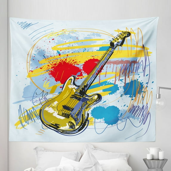 Art Tapestry, Abstract Musical Instrument Expressionist Art Stained and Tainted Background Print, Fabric Wall Hanging Decor for Bedroom Living Room Dorm, 5 Sizes, Teal Yellow, by Ambesonne