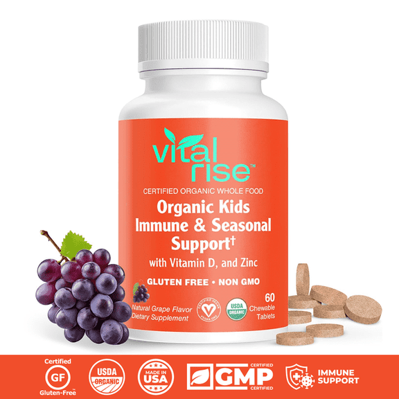 Vital Rise Organic Kids Immune Support Chewable Tablets, Sugar-Free Grape Flavor, Vitamin C, Vitamin D3, Zinc & Elderberry, USDA Organic, Vegan Supplement for Kids Ages 4 