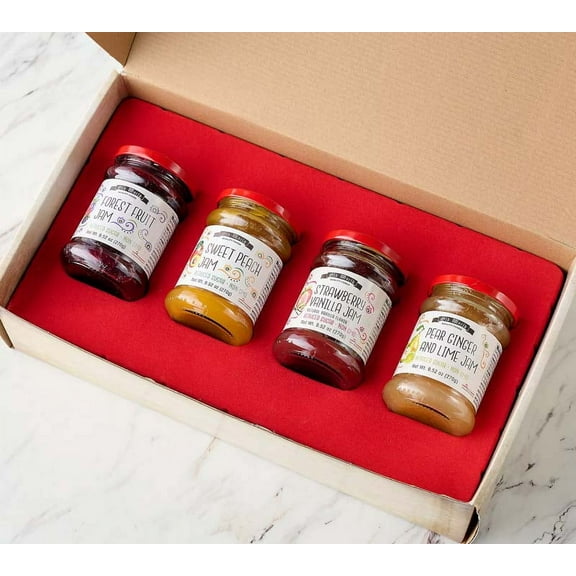 Old World Quality Foods Premium European Fruit Jam Sampler with Sweet Peach, Forest Fruit, Strawberry Vanilla, Pear Ginger and Lime, 9.52 oz Jars