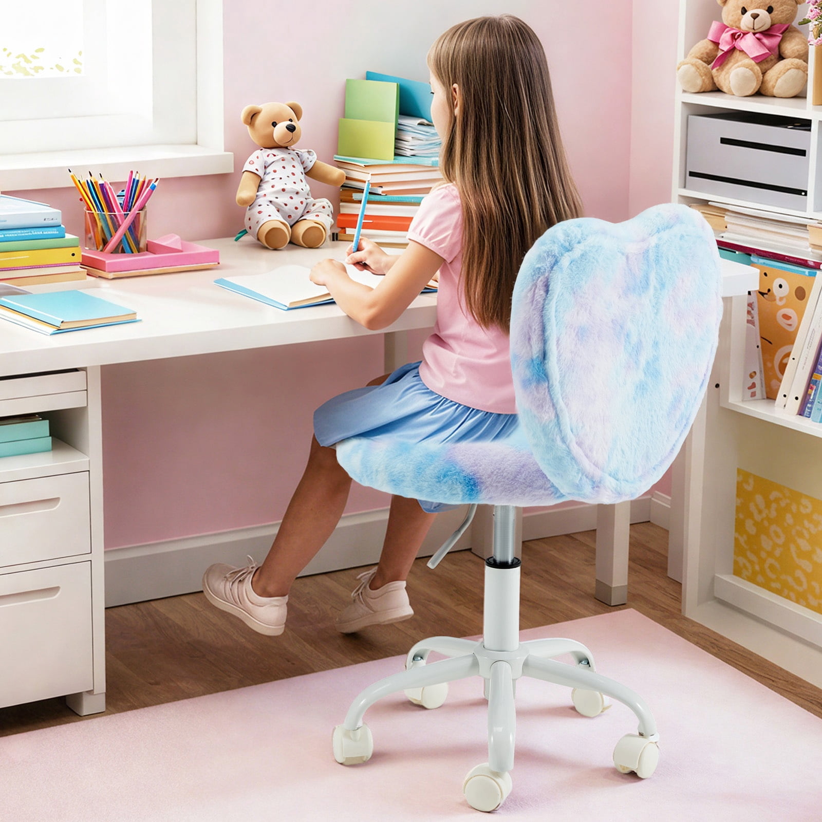 Vicluke Kids Desk Chair with Wheels Adorable Fluffy Girls Desk Chair with Heart-Shaped Backrest Design Adjustable Seat Height for Bedrooms & Study Rooms, Dreamy Blue