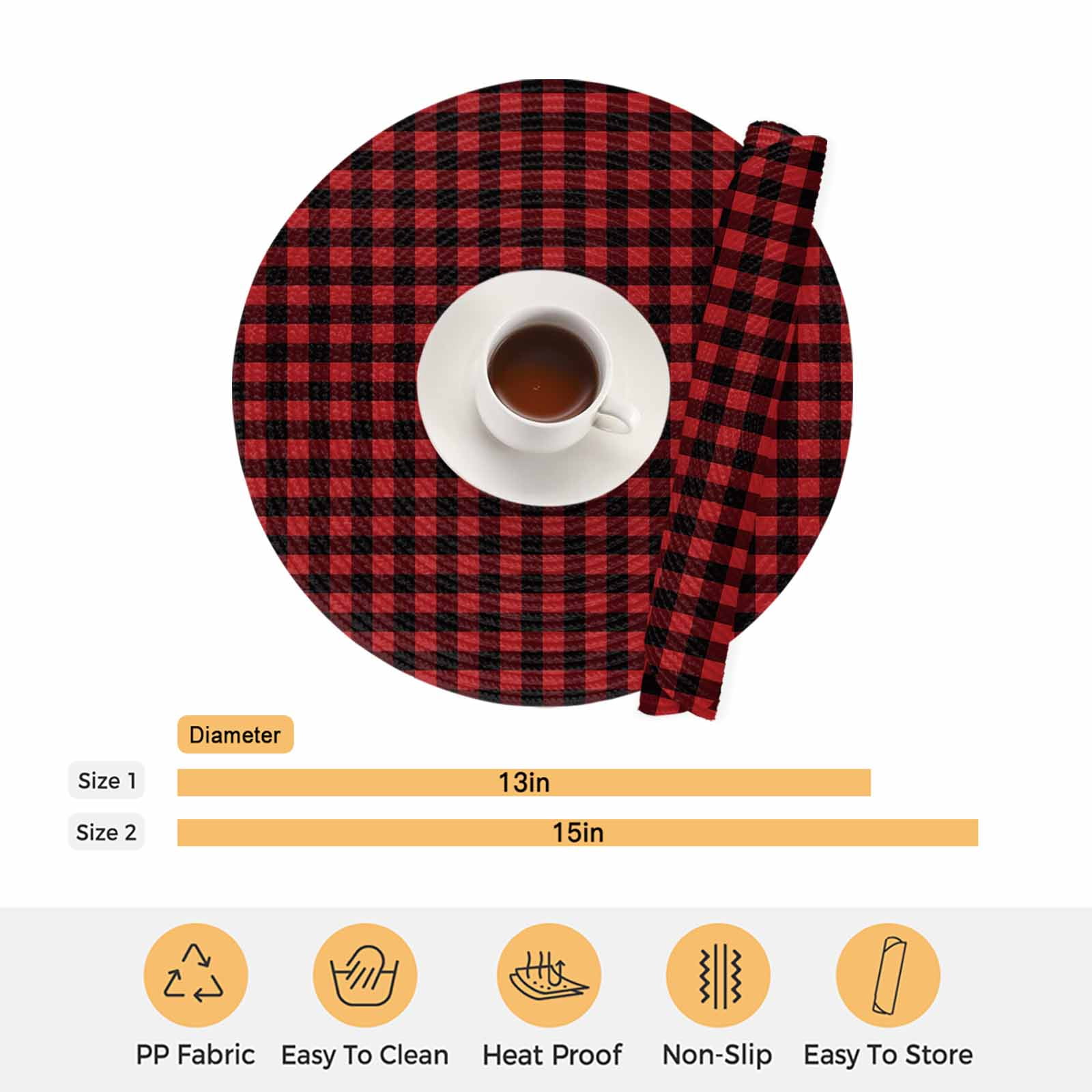 Round Woven Placemats set of 6, Rustic Red Black Buffalo Check Plaid Pattern Washable&Heat Resistant Plastic Wipeable Placemats for Round Table Christmas Kitchen Dining Table Decor, 13in,