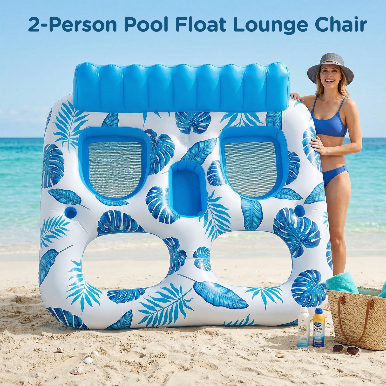 Livhil Inflatable Pool Float, 2 Person Pool Floats for Adults, Double Inflatable Lounger Pool Raft with Backrest & Cup Holders, Summer Water Fun for Pool Beach Lake, Blue