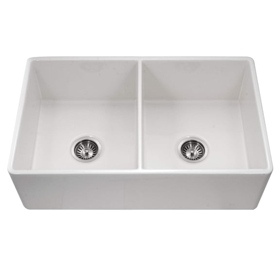 Houzer Platus 33 inch White Fireclay Apron Front Farmhouse 50/50 Double Bowl Kitchen Sink PTD-4400 WH
