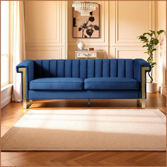 Modern Luxury Blue Velvet 3-Seater Sofa with Gold Accents – Channel-Tufted Couch for Living Room