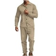 thumbnail image 3 of VBTAPA Men's 2 Piece Outfits Solid Casual Sweatsuit Long Sleeve Button Down Shirt Drawstring Jogger Pants Matching Lounge Track Suit with Pockets Khaki L, 3 of 9