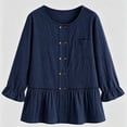 thumbnail image 4 of Womens Cotton Linen Shirts Long Sleeve Button Down Crewneck Ruffled Blouses Trendy Casual Loose Cute Comfy Tops, 4 of 6