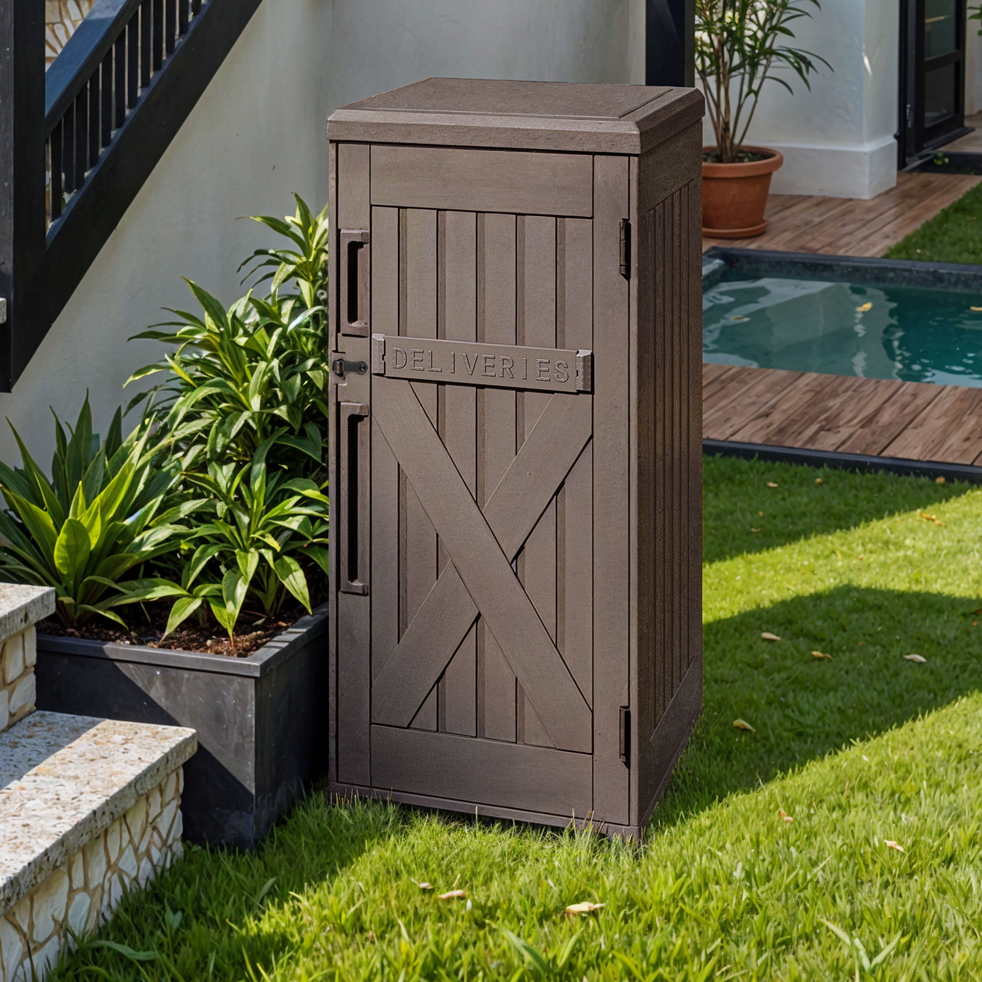 Uforic 60 Gallon Lockable Package Delivery Box, Double Wall Waterproof Resin Outdoor Parcel Storage Box for Porch Curbside Yard, Brown