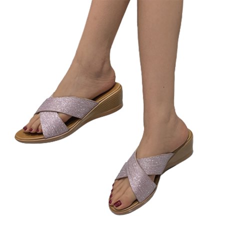 

Women Slope Platform Slippers Glitter Cloth Upper Casual Sandals Slide Shoes