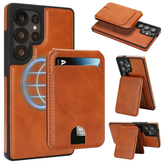 Allytechgroup 2 In 1 Wallet Case for Samsung Galaxy S25 Ultra, Detachable Magnetic Back Cover Cards Holder with ID Window Stand RFID Blocking Shockproof Retro PU Leather Phone Case,Lightbrown