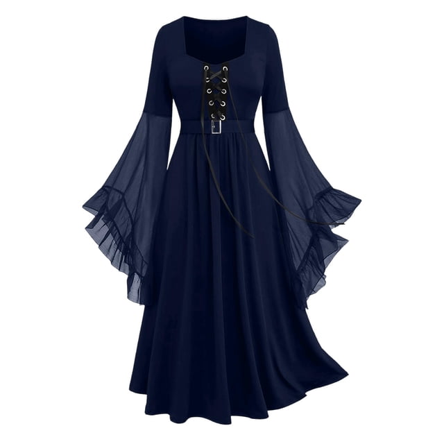 Amzcrzy Robes pour Femmes Couleur Unie Robes Maxi à Cordon Vintage Tunique à Manches Longues Robe Médiévale pour Femmes S