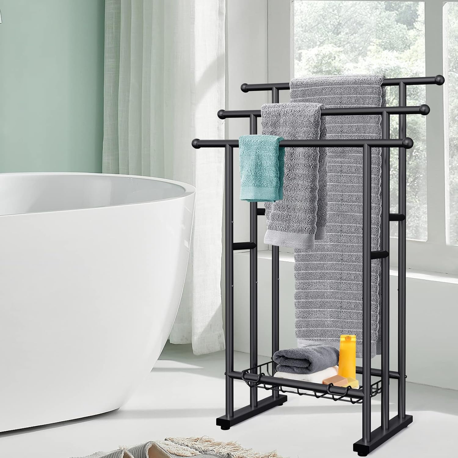 Kayfia 40" H Free Standing Towel Rack, 3 Tier Alloy Steel Towel Rack Stand with Basket