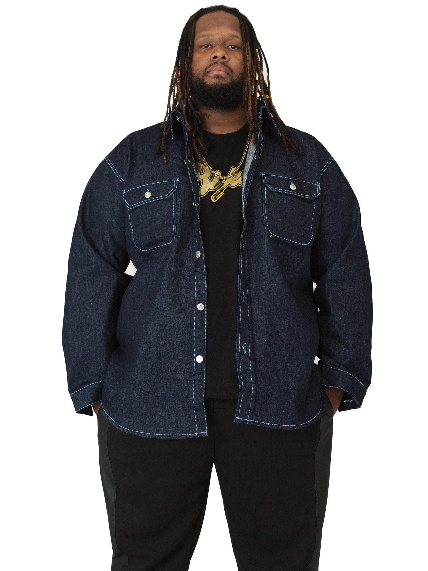 Vibes Big Men Button Down CPO Denim Jacket Dark Indigo Blue Rinse