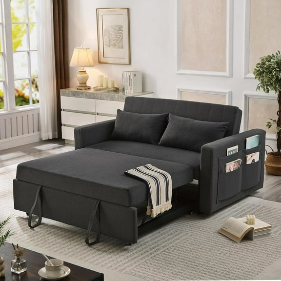 55.5" Fabric Convertible Sofa Bed, Pull Out Sleeper Sofa Bed, Loveseat Couch with Side Pocket, 3 in 1 Convertible Sleeper Sofa Bed for Living Room, Apartment, Bedroom, RV, Black