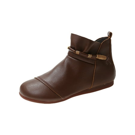 

Kesitin Ladies Ethnic Zip Up Ankle Boots Work Anti-Slip Fashion Boot Comfort Metal Strap Bootie Brown 5.5