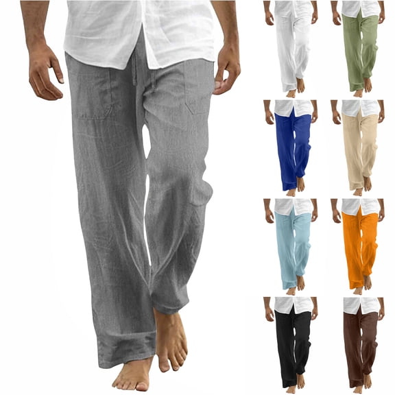 Cekizud Line Pants for Men, Men's Casual Linen Relaxed Fit Beach Pants with Pockets, Sizes S-4XL