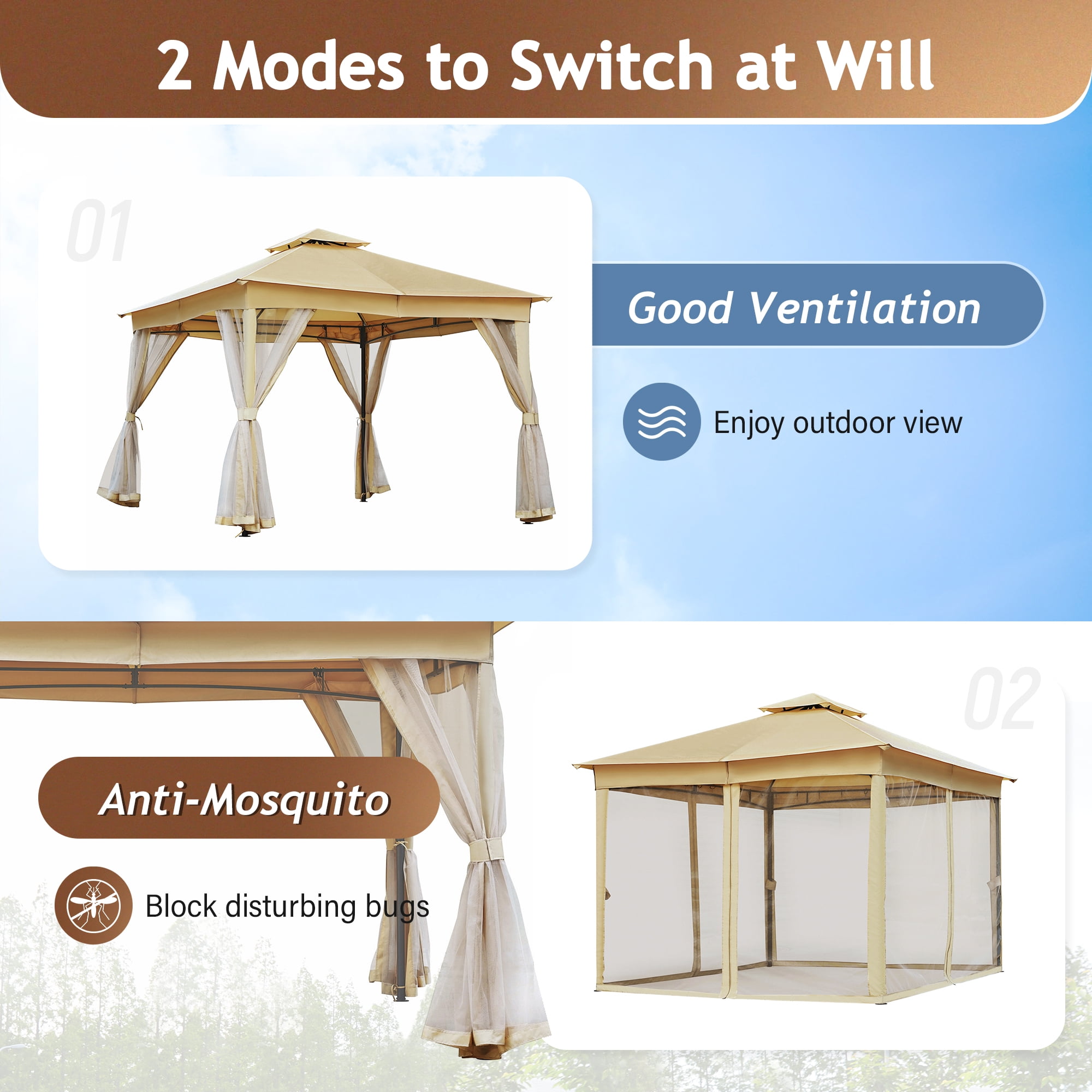 10'x10' Outdoor Gazebo Tent with Double Roofs, Patio Gazebo with Mosquito Netting, Patio Canopy for Backyard, Garden, Lawn and Deck,Beige