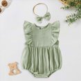 thumbnail image 2 of KPOPLK Preemie Newborn Baby Girl Clothes Infant Cotton Linen Romper Summer Outfit for Girls Ruffle Sleeve Bodysuit Jumpsuit & Headband(0-3 Months,Green), 2 of 7