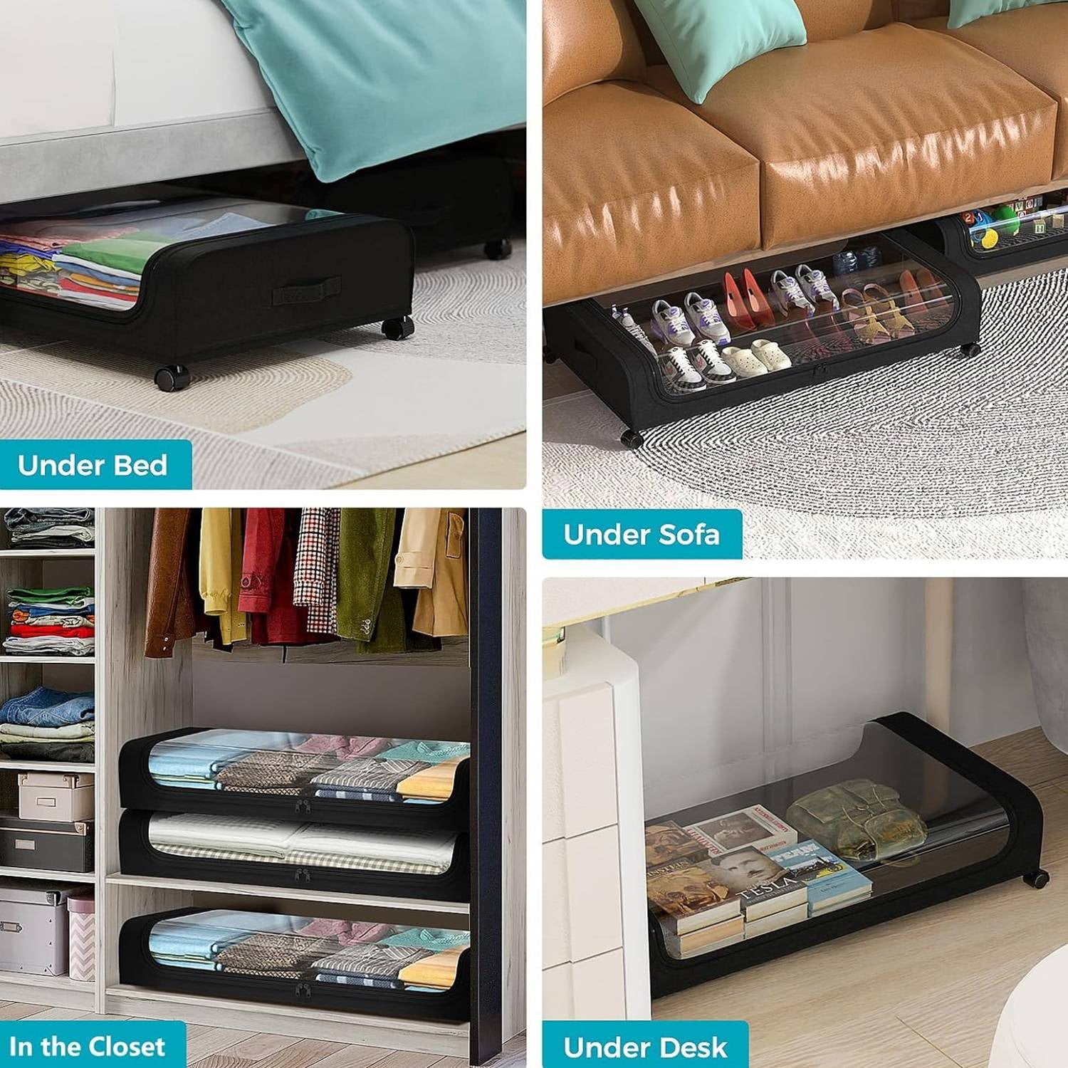 2 Pack Under Bed Storage with Wheels, Under Bed Shoe Storage Larger Capacity with PVC Clear Window & Label, Under the Bed Storage Containers for Shoe Clothes Toy Book