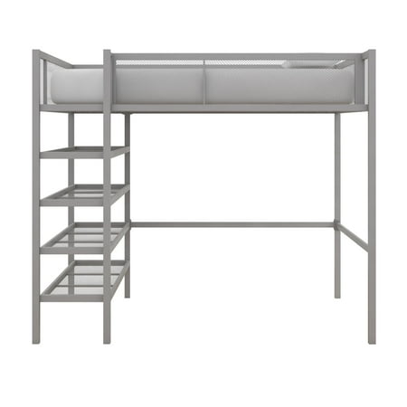 Mainstays Metal Storage Loft Bed with Book Case, Twin Bunk, Silver