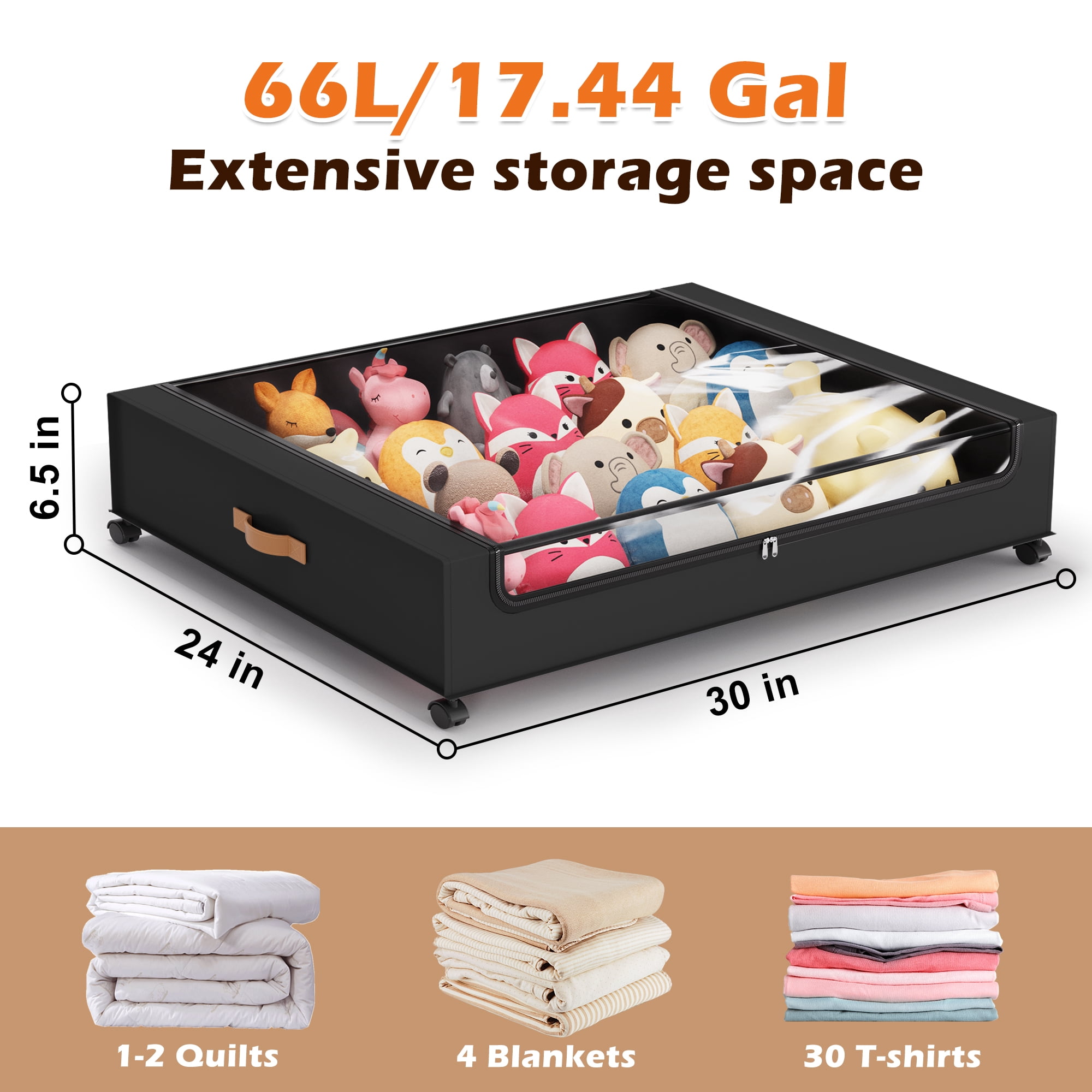 YOUPINS XXL 66L Under Bed Storage Bins with Wheels & Clear Lids – Rolling Containers for Clothes, Shoes, Toys, 2-Pack (Black)