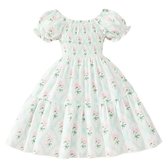 Tfken Summer Girls Dresses Puff Sleeve Print Crew Neck Dresses Daily Wear Fashion Casual Toddler Soft Clothes Green Size 4-5 Years