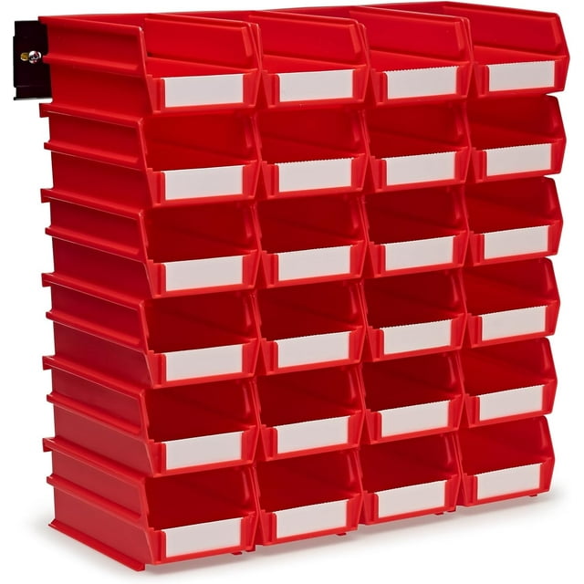 Triton Produits 3-220RWS Bac de Rangement Mural 26 Pcs avec 7-3/8 Pouces L x 4-1/8 Pouces L x 3 Pouces H Bacs en Polyéthylène Rouges Emboîtables, 24 Unités, Rails de Montage Mural 8-3/4 Pouces L avec Matériel, 2 pk