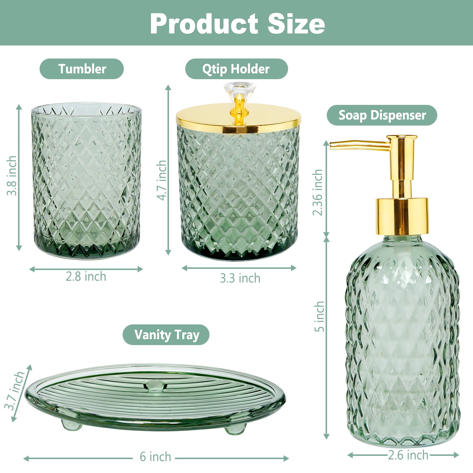Cirhy 4-Piece Green Glass Bathroom Accessories Set, Lotion Soap Dispenser, Toothbrush Holder, Qtip Holder, Soap Dish, Modern Bathroom Decor Set for Countertop Organization