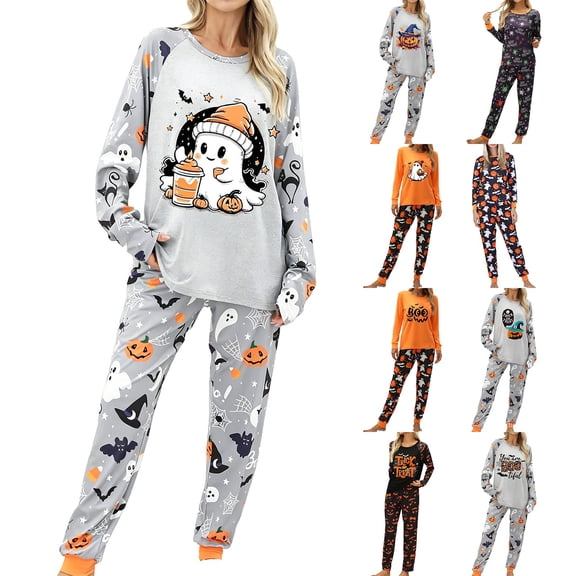 Gray Women's Pajama Sets Polyester,Spandex Silk Long Sleeve Button Top Matching Wide Leg Pant Set Plus Size Cute Ghost Pumpkin Pjs XL