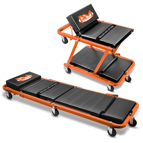 48" 2-in-1 Rolling Garage Mechanic Folding Z-Creeper Car Seat Stool Chair Orange