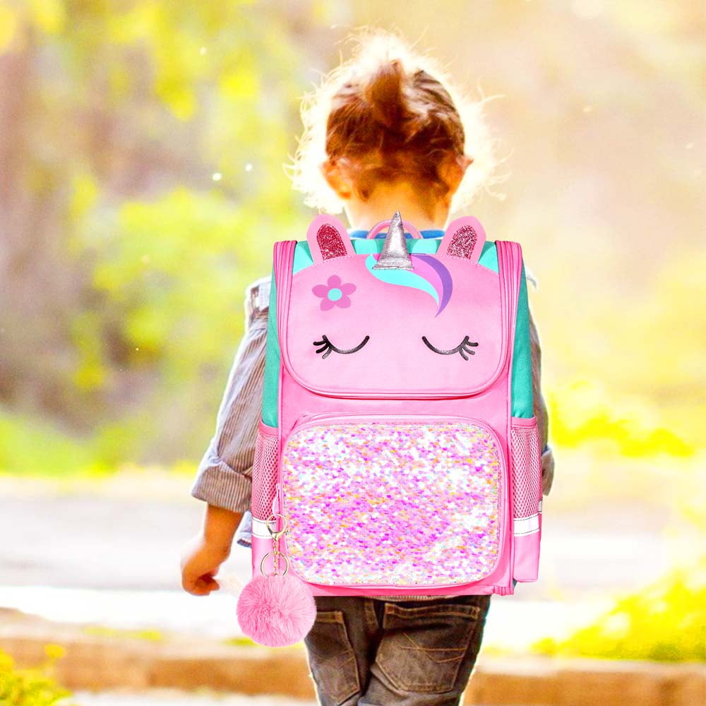 New Cute Unicorn Diamond Sequins Waterproof Princess School Backpack Set - Rose Cute Unicorn Face Diamond Sequins Waterproof Princess School  main image 2