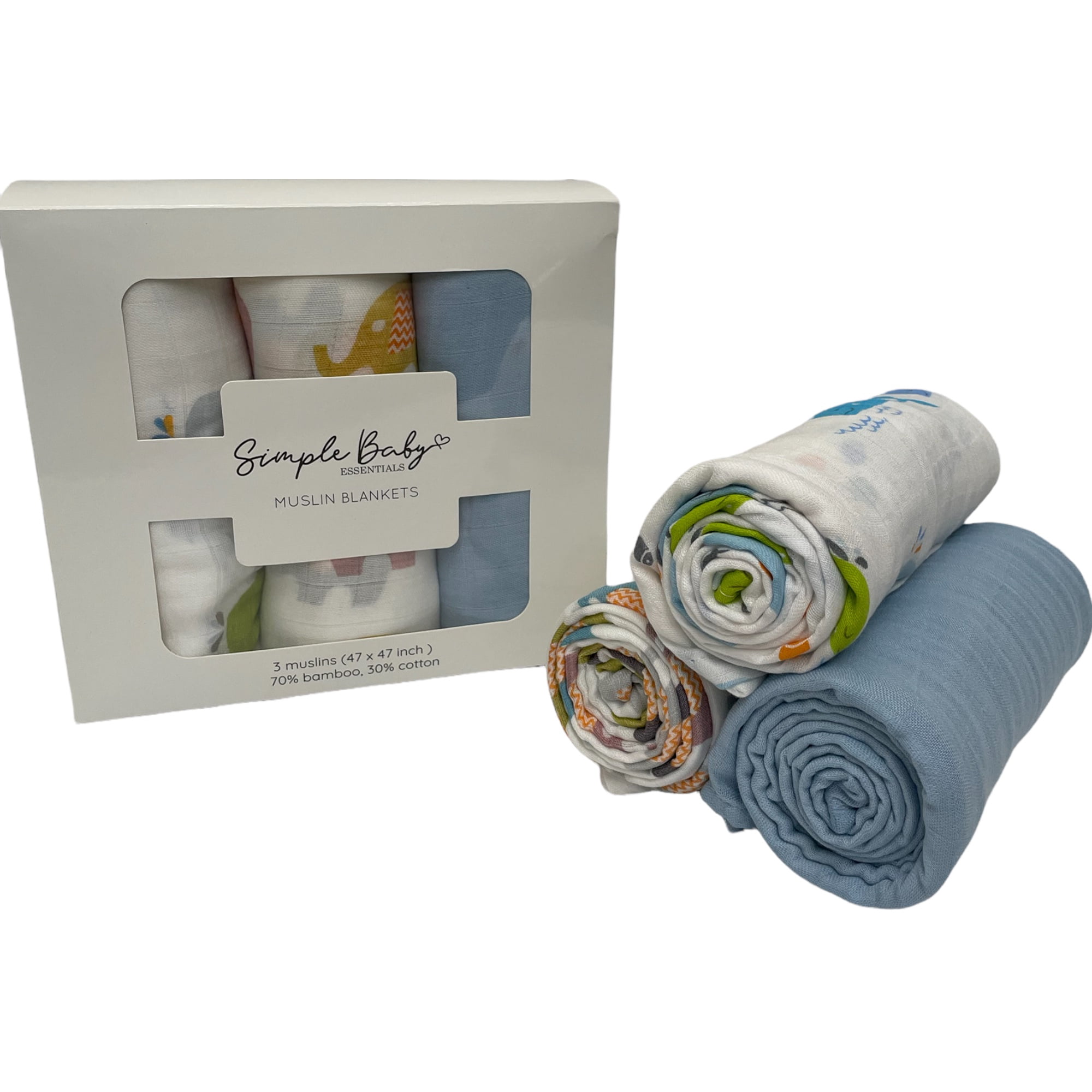 Simple Baby Essentials | Soft Bamboo Muslin Cotton Swaddles - Receiving Blankets | Baby Shower Gift | 3 Pack Large 47'x47' Absorbent Breathable | Boy Light Blue Whale Elephant, Crib