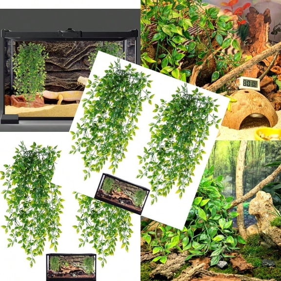 Reptile Plants 2 Pack Terrarium Hanging Plants Vines Artificial Leaves Habitat Decorations with Suction Cup for Bearded Dragon Hermit Crab Snake Geckos Chameleon