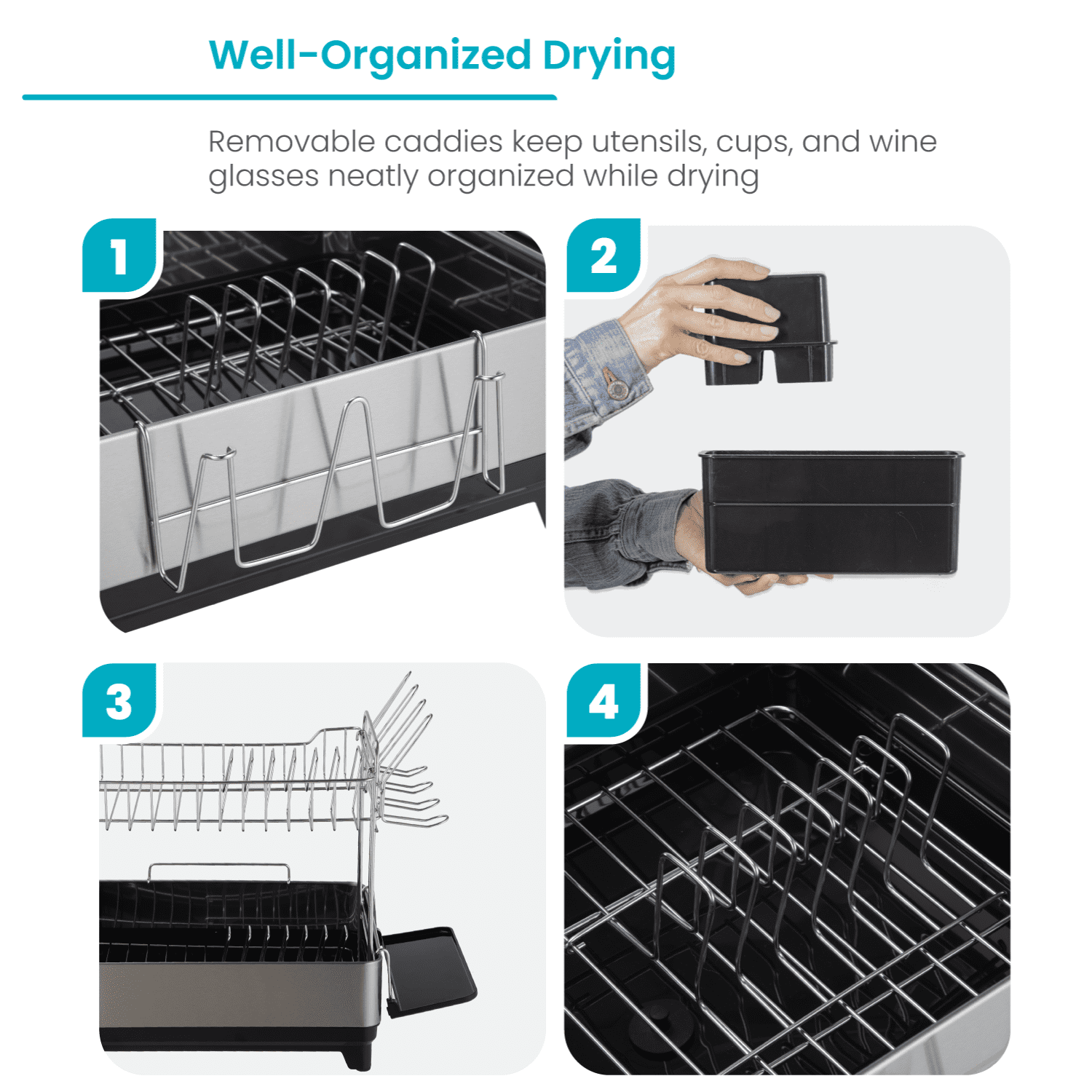 Home Zone Living Stainless Steel Dish Drying Rack with Side Racks and Drain Pipe, 2-Tier