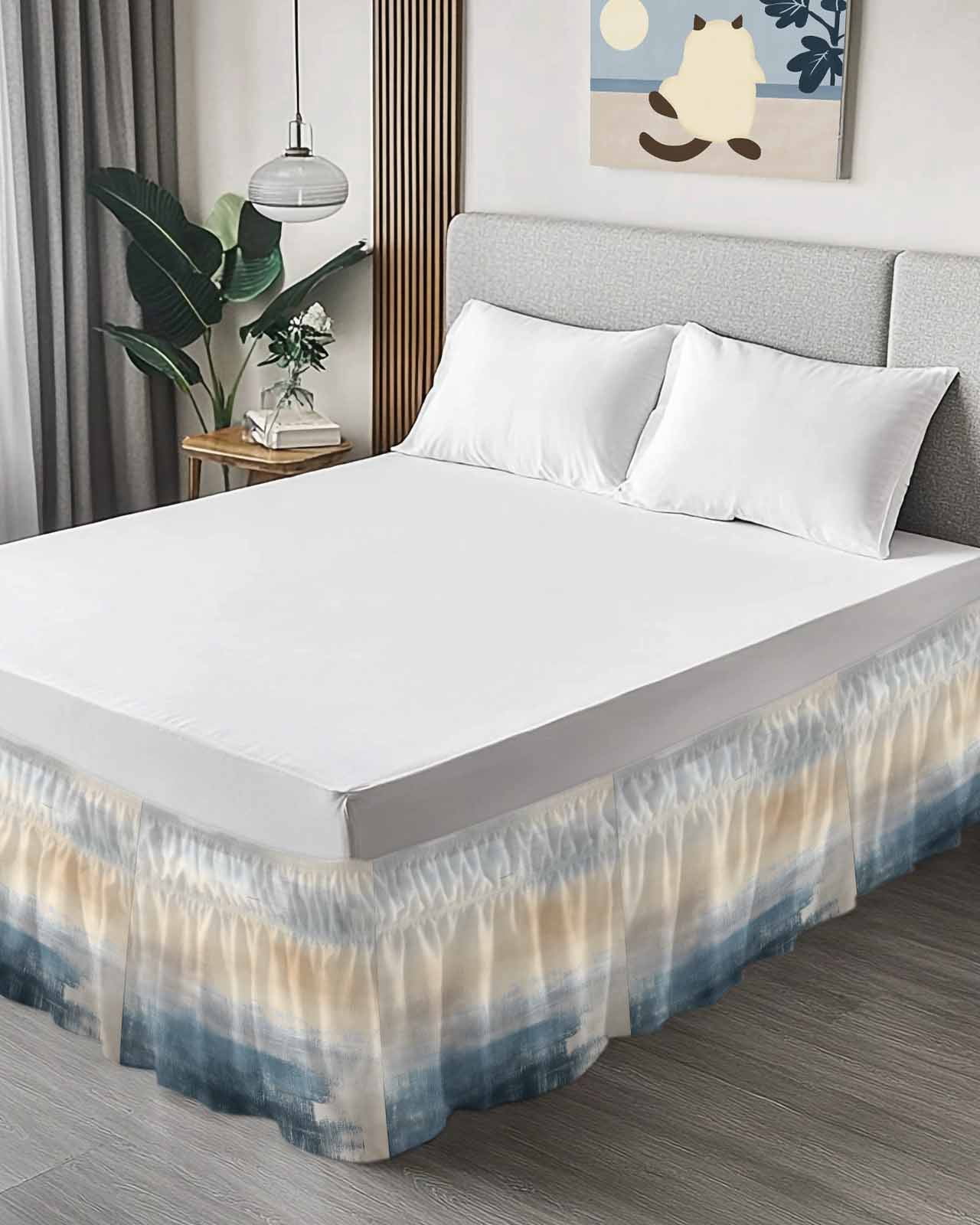 Ombre Blue Navy Beige Bed Skirt King Size 16" Drop Modern Abstract Art Ruffled Wrap Around Bed Skirts Adjustable Elastic Bedskirt Dust Ruffle for King Size Bed