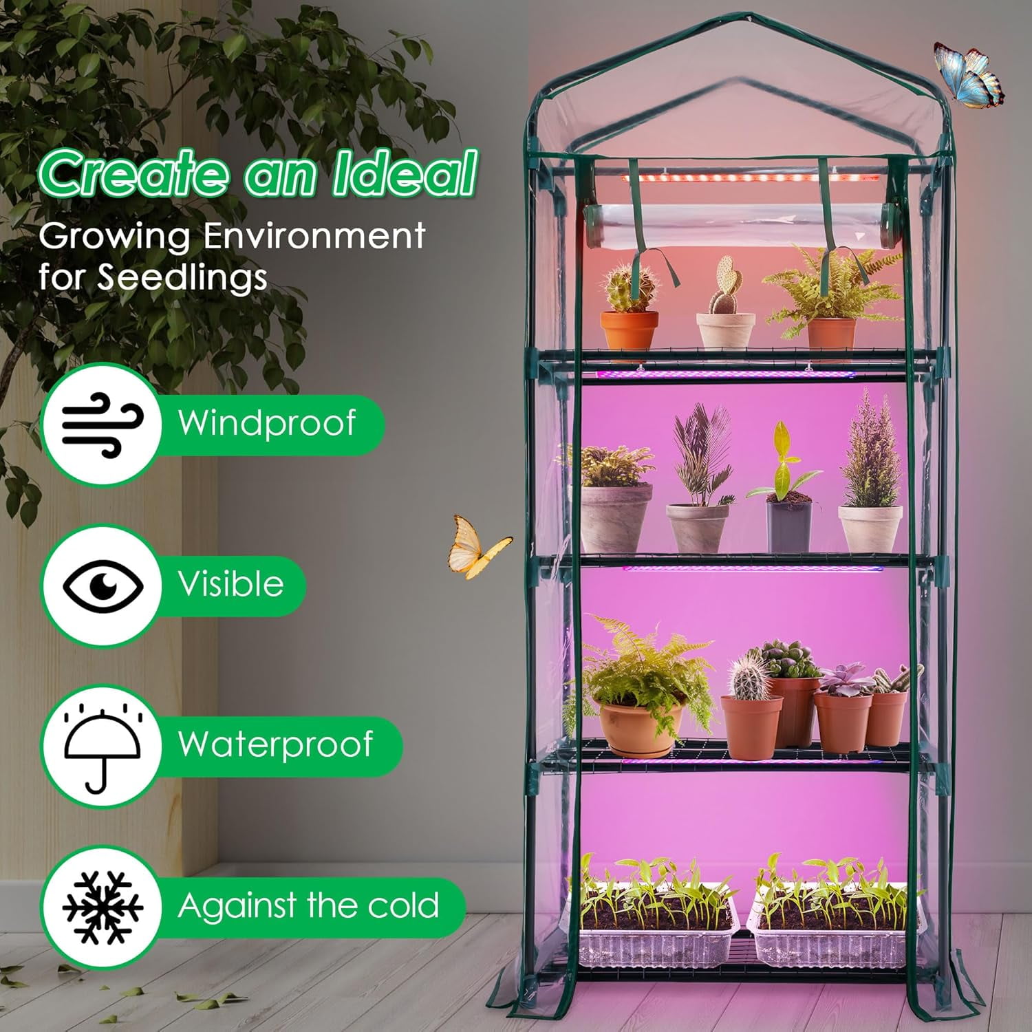 Indoor Greenhouse with Grow Lights - 4 Tiers 27.6"L×19.3"W×61.4"H Outdoor Mini Green House with Zip PVC Cover and Dimmable 15W Full Spectrum Plant Light with Timer for Seed Starting Trays