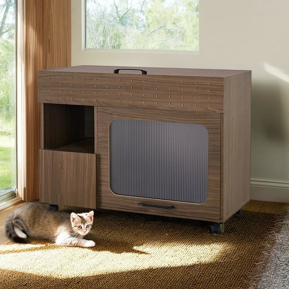 Pefilos 35" Cat Litter Box Enclosure, Hidden Cat Washroom Furniture with Storage and Wheel, Enough for Most of Orange Cat and Litter Box, Brown
