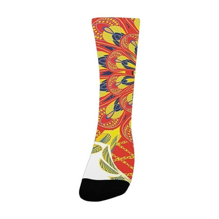 

Ethnic Oriental Flower with Embellished Inner Lines Lace Ornament Folk Design Scarlet Yellow Navy Bl Women s Custom Socks (Made In USA)