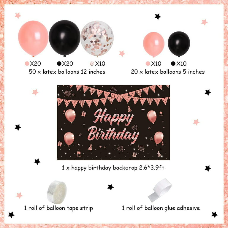 Black Rose Gold Birthday Party Decorations for Women Girls, Black