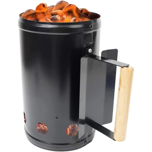 Charcoal Chimney Starter for Outdoor Cooking Barbecue BBQ Quick Rapid Fire Briquette Starters Can Black with Wooden Handle