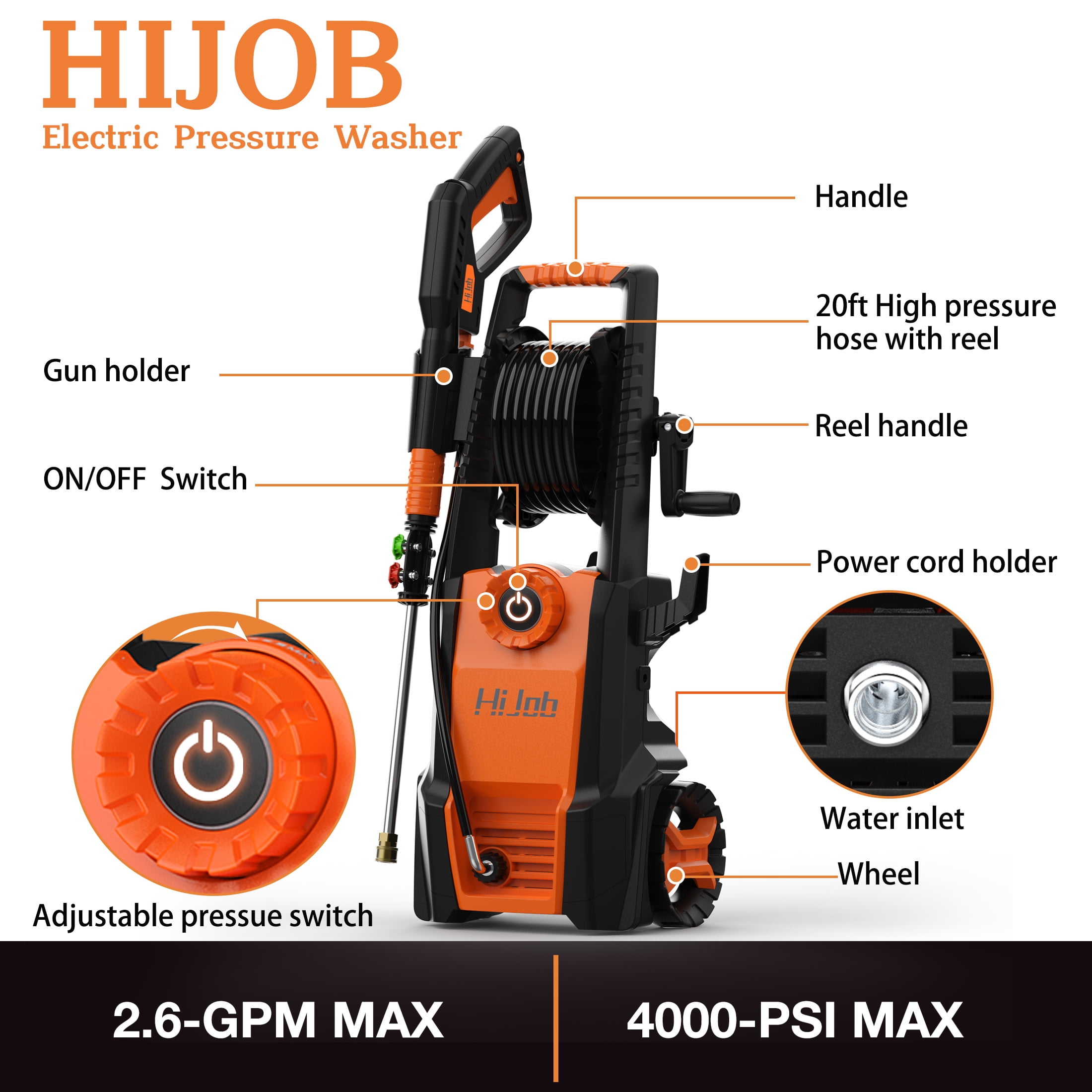 HIJOB Electric 4000 PSI High Power Water Washers Machine  w/ 20 ft Hose, 4 Nozzles, Max. 2.6 GPM for Patios/Cars/Fences/Driveways