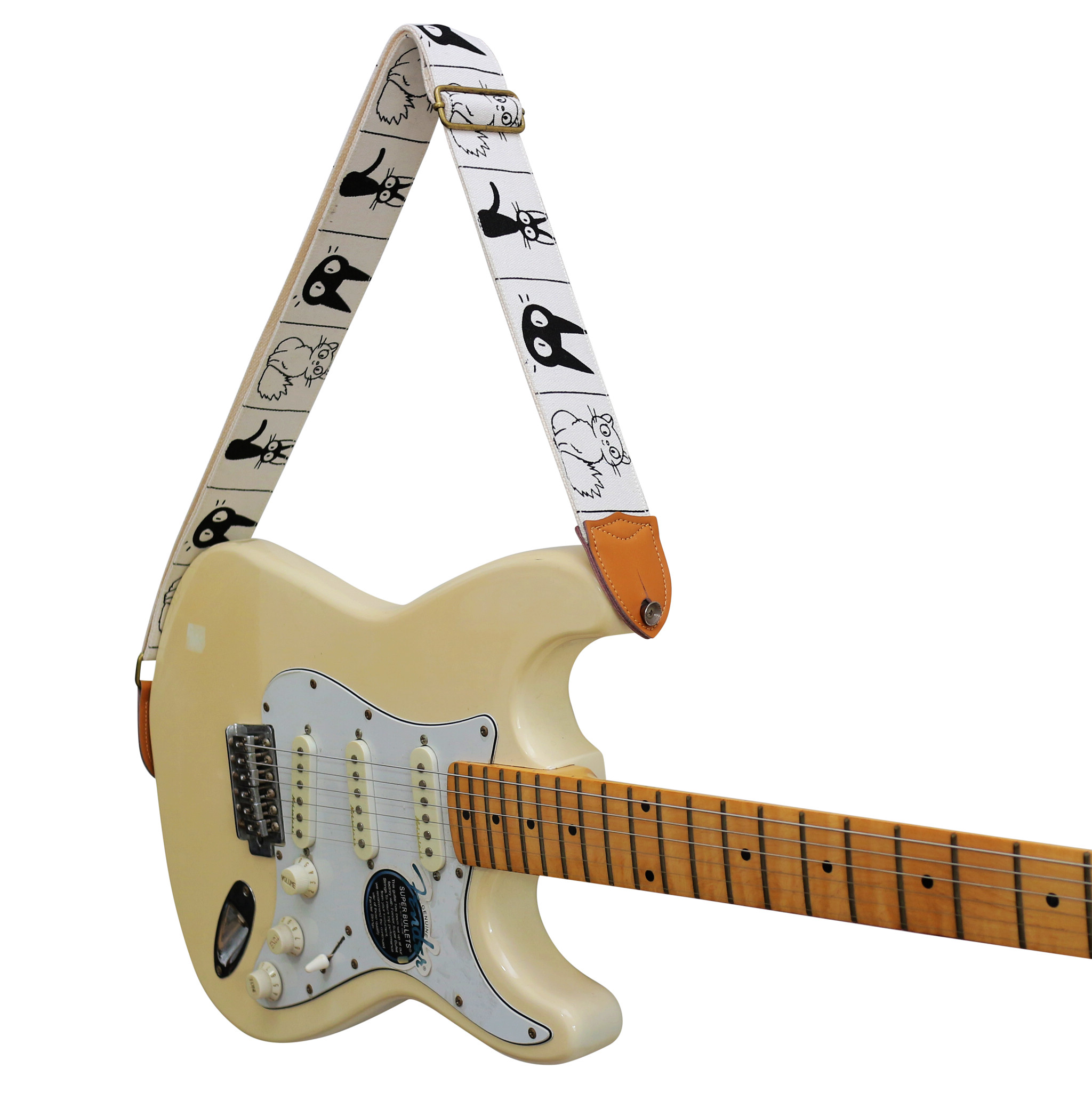 MUSIC FIRST Original Design, 2 inch width (5cm), Cute Comic Cat Soft Cotton Canvas & Genuine Leather Electric Guitar Strap