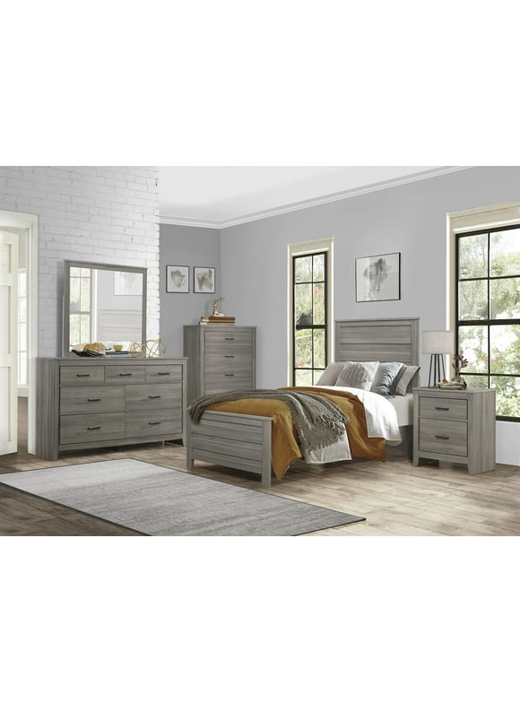 Modern Bedroom 6pc Set Twin Panel Bed Two Nightstands Dresser Mirror Chest Dark Gray Finish Wooden Furniture