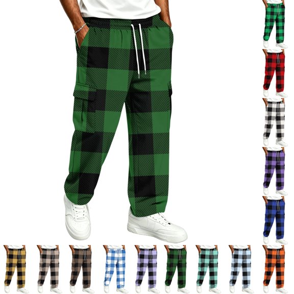 UDAUDU Men's Cargo Sweatpants Plaid Athletic Hiking Elastic Waist Drawstring Trouser Outdoor Fall Lightweight Pants with Pockets Dark Green 2XL
