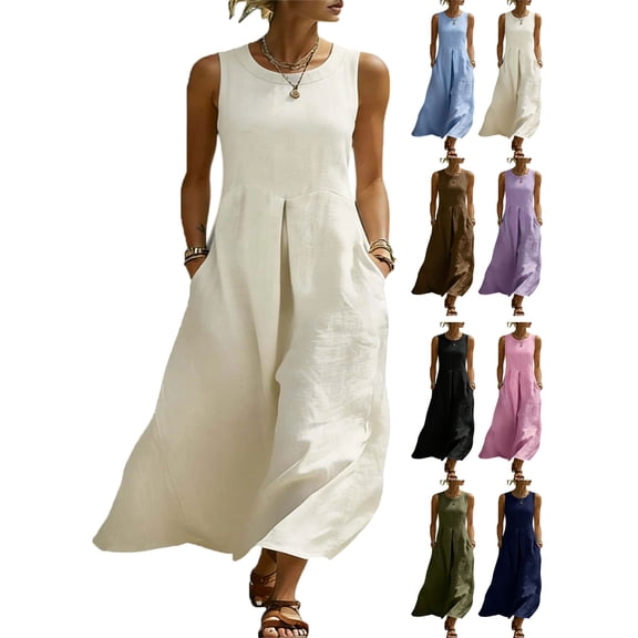 Women's Cotton Linen Dress Sleeveless Loose Dresses Casual Maxi Dress with Pockets Long Dresses for Women